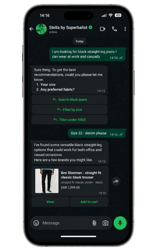 Stella by Superbalist WhatsApp shopping conversation